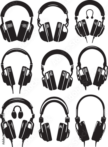 A collection of nine headphone illustrations in a grid pattern with varying styles and orientations