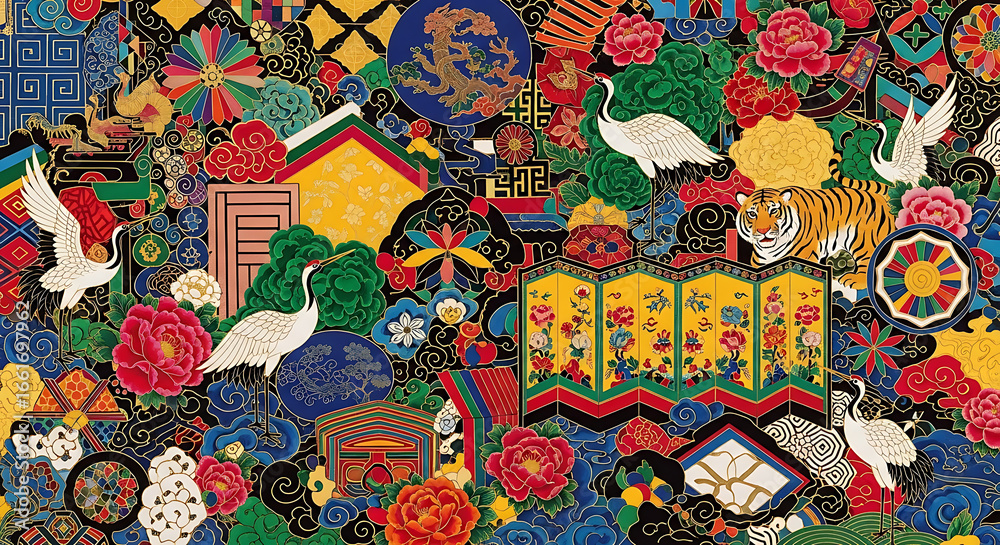 Obraz premium Colorful korean folk painting with cranes and tiger