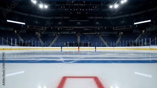 Smooth camera glide over a pristine ice hockey rink in a large empty arena with bright lights a professional sports venue ready for a game
