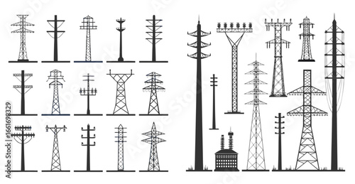 Collection of various electrical power transmission and distribution utility poles and towers isolated on white background eps file.