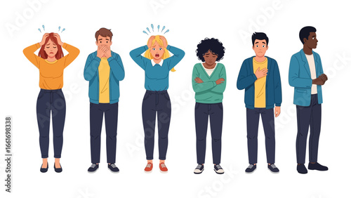 Emotionally Charged: A diverse ensemble embodies varied human emotions, each expressing a unique state of mind through posture and expression. A visual journey into the intricate world of feelings.