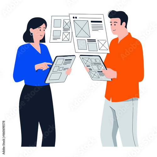 Digital Design Team at Work: A dynamic duo collaborates on website design, the focus is the interplay of user experience and interface, envisioning an elegant user interface and a digital revolution.
