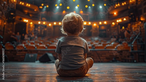Rear view cute little child boy on stage ready for performance. Audience looking at the child in theatre