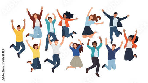 Jumping for Joy: A vibrant illustration captures a diverse group of individuals leaping joyfully in a display of pure happiness and elation.