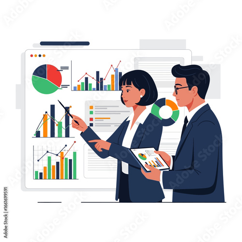 Data Analysis Presentation: A modern illustration showcases two professionals deeply engrossed in analyzing complex data visualizations.