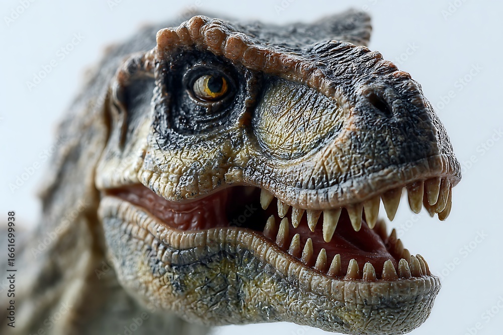 Fototapeta premium Intricate T-Rex figurine close-up with sharp teeth against a white backdrop