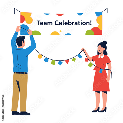 Team Celebration Preparations: A duo puts final touches on team celebration preparations, stringing decorative bunting and adjusting a celebratory banner to transform the space for a festive event. 
