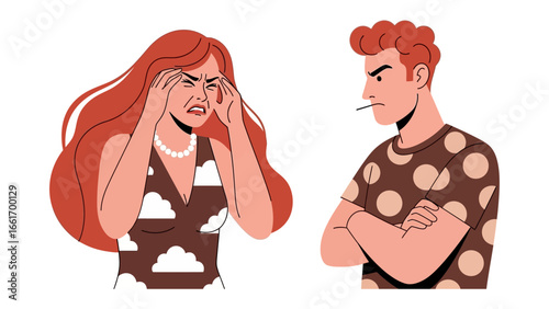 Conflict of Feelings: A graphic portrayal of a dispute, highlighting opposing sentiments with the woman's stress contrasted against the man's frustration.