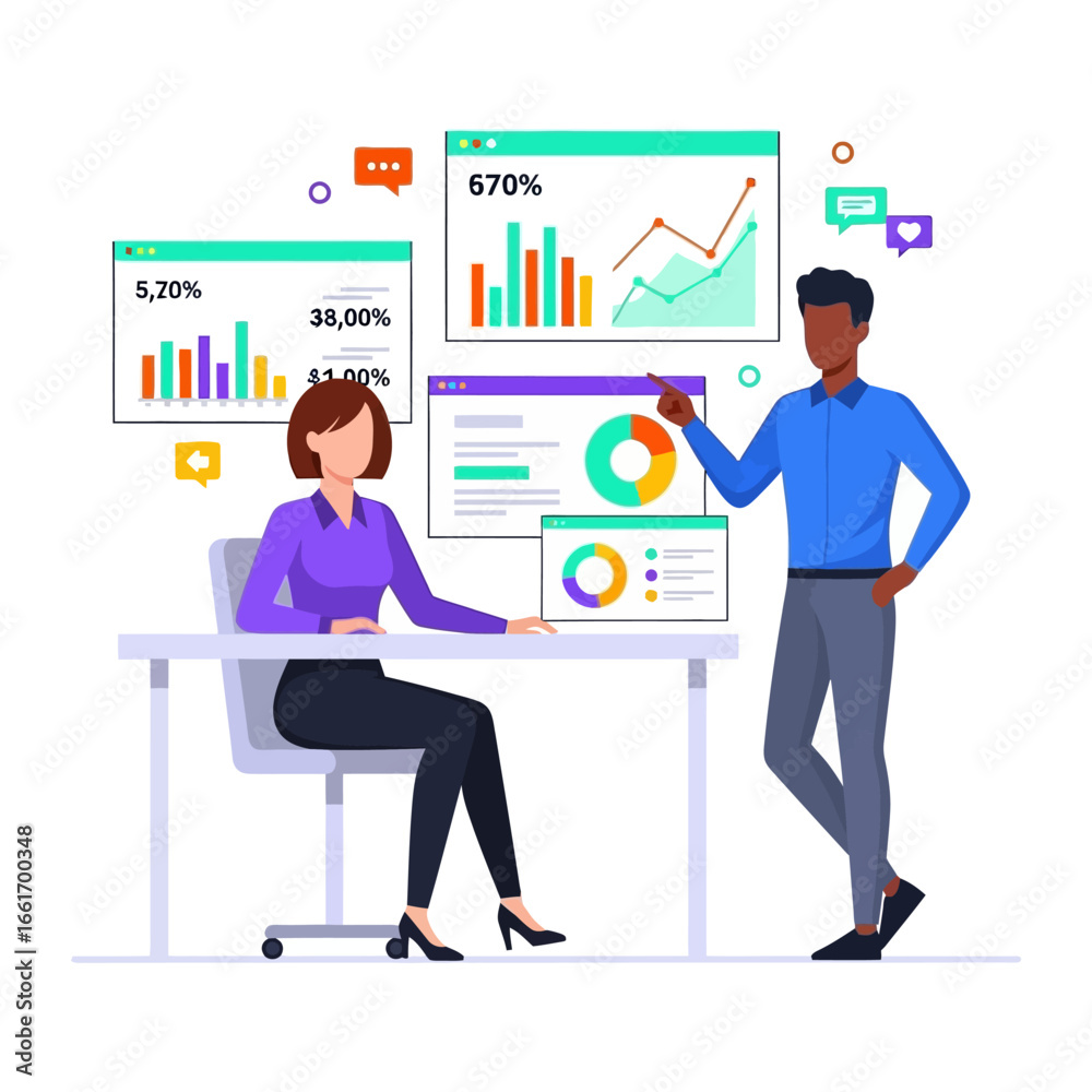 Fototapeta premium Data Analysis Collaboration: Two professionals collaborate, pointing to a collection of data charts, a dynamic visual representing their insights and collaborative data processing.