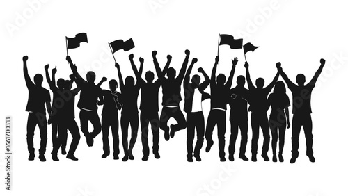 Silhouette of Celebration: A collective of jubilant individuals revel in triumphant celebration. Embodying the essence of achievement and victory