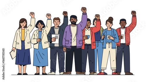 Unified Protest: A collective of diverse individuals stands united, their raised fists symbolizing solidarity and a resolute stand for change. Captured in a minimalist illustration style.