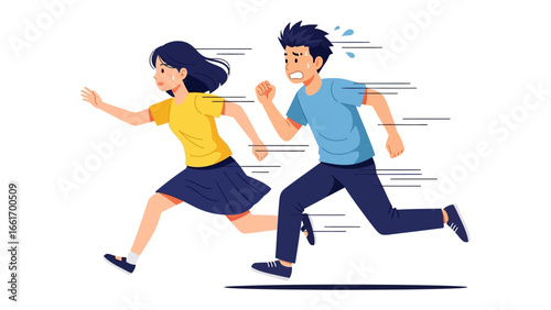 Dynamic Duo in Motion: A dynamic illustration captures the spirited pursuit of two runners. A boy and a girl push themselves to their physical limits.