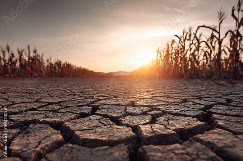 Cracked dry soil as a symbol of drought and global warming representing climate change and ecological crisis. Arid land with deep cracks in earth caused by extreme drought, lack of water. Summer heat.