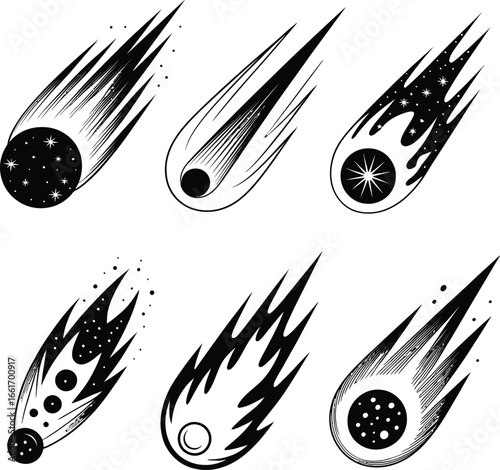 Collection of stylized comets in black and white illustration of space objects for astronomical designs and educational materials