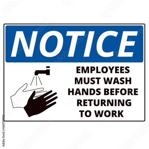 Blue and white notice employees must wash hands before returning to work sign