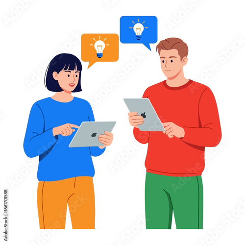 Idea Sharing: An illustration of two individuals engrossed in a collaborative brainstorming session, each engrossed in tablets with illuminated bulb icons emerging from speech bubbles.