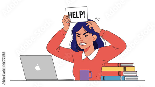 Overwhelmed: A person is in a state of intense stress and frustration, raising a HELP! sign while surrounded by work-related elements.