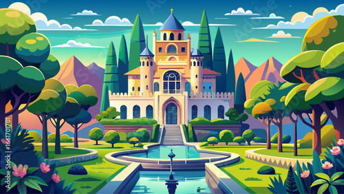 The castle’s intricate design reflects opulent artistry, surrounded by lush greenery, graceful pathways, serene gardens, radiant courtyards, panoramic vistas, regal presence, enchanting skyline, pictu