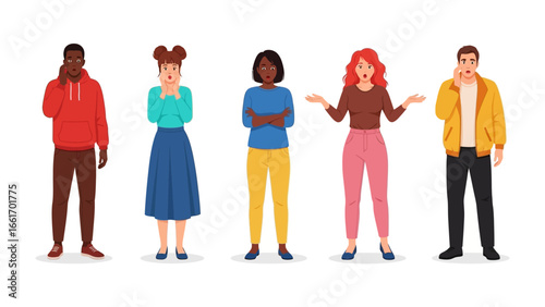 The Emotion Spectrum: A diverse group showcases an array of emotional expressions in a captivating illustration. From surprise to concern, each person conveys a unique state of mind.