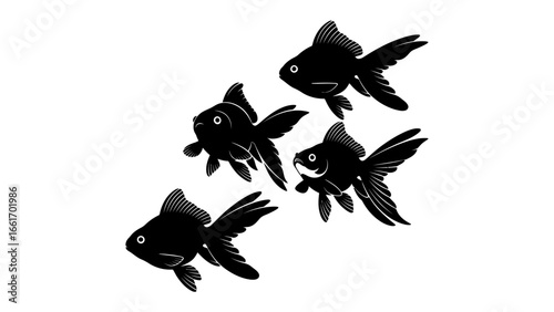 Black Goldfish Gathering: The elegant forms of black goldfish, their silhouettes elegantly captured, gracefully glide together in a harmonious dance.