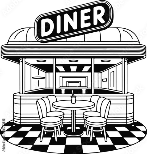Uses strong searchable terms (vintage, 1950s, diner, black and white, vector