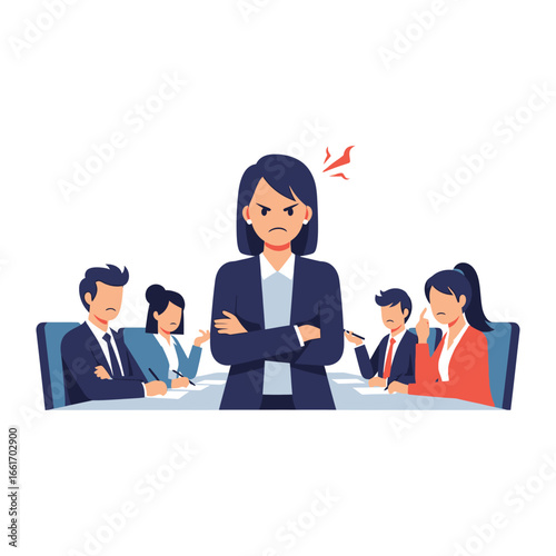 Frustration in Meeting: A dynamic illustration capturing an intense business meeting with the focus on a frustrated manager standing in the forefront while a team looks on.