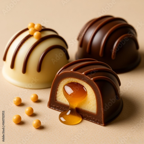 Primer plano bombones de chocolate blanco y negro rellenos de bizcocho y licor, en uno de ellos se ve su interior