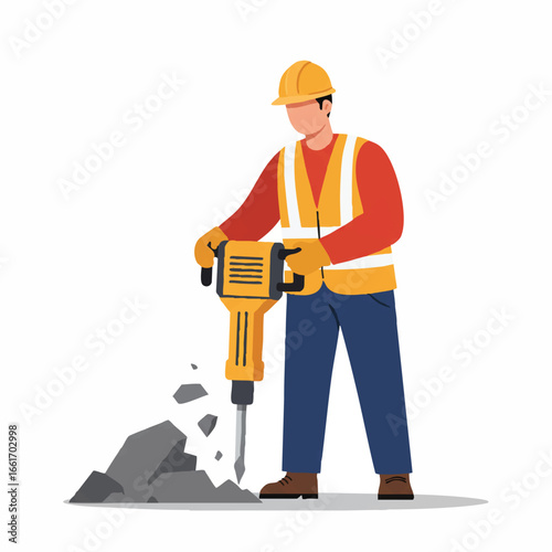 A construction worker operates a powerful jackhammer, breaking concrete on a job site, highlighting heavy labor and essential infrastructure development.