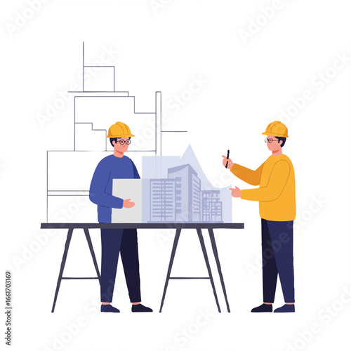 Two architects in hard hats collaboratively review a detailed urban development model, discussing design plans for future city construction projects.