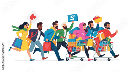 Joyful Shopping Spree: A vibrant and diverse group of individuals rush with shopping bags and carts, embodying the exhilaration of a retail adventure, full of anticipation and exciting possibilities.