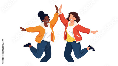High Five of Joy: Two women celebrate success, captured in a vibrant illustration, their high-five a symbol of solidarity and achievement, radiating happiness and positivity.