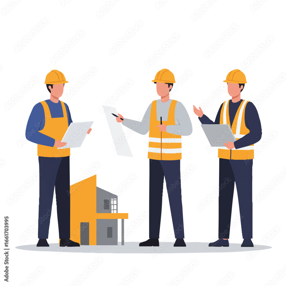 Obraz premium Professional construction engineers in safety gear meticulously review architectural blueprints and discuss building plans, demonstrating teamwork and project management expertise.