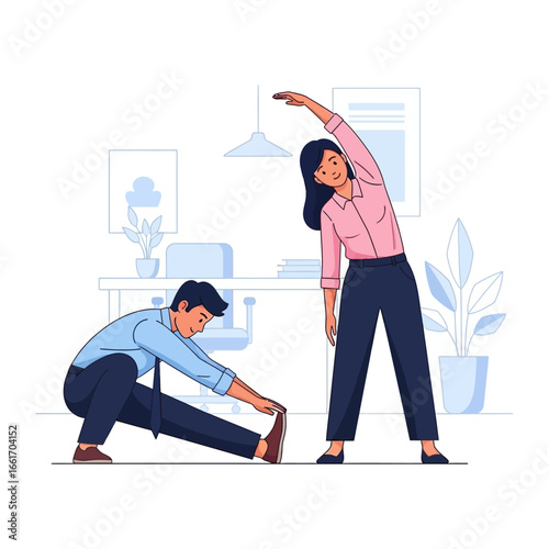 Workplace Wellness: A vibrant illustration capturing two individuals engaging in stretching exercises within a modern office setting. Symbolizing balance and well-being in the work environment.