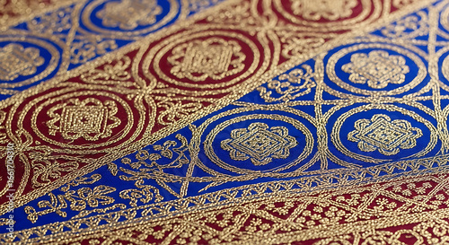 Close up of ornate fabric with gold embroidery work