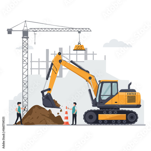 A powerful yellow excavator efficiently moves earth at an active urban construction site, with workers and a large crane facilitating the building development.