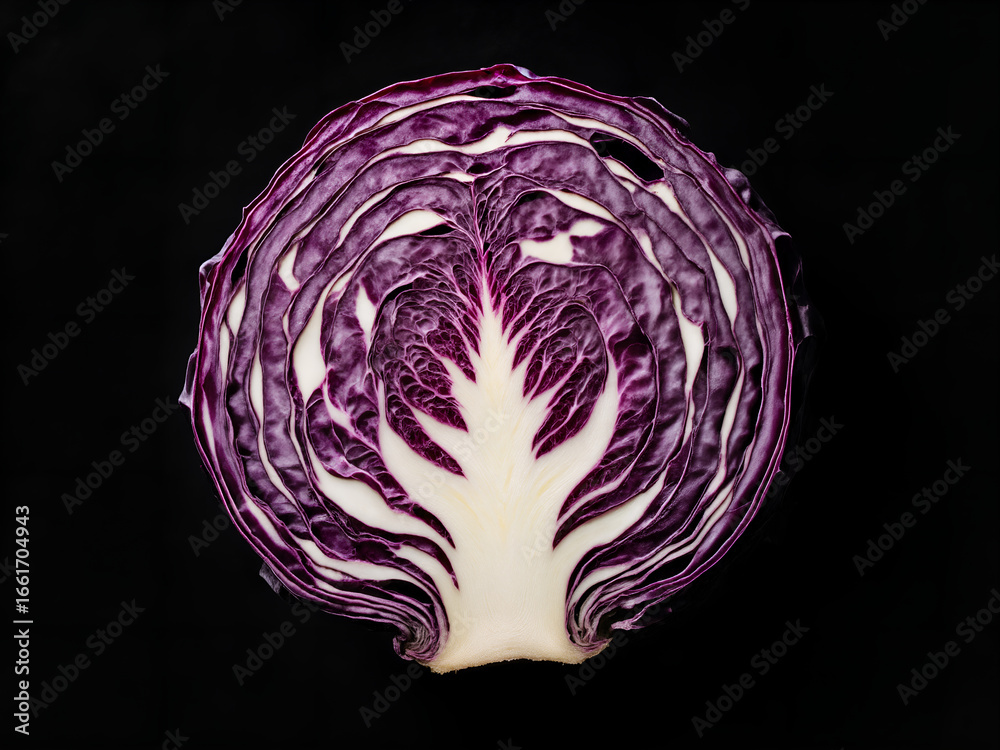 Obraz premium A photorealistic top-down view of a single, large red cabbage sliced in half, placed on a simple black background. 
