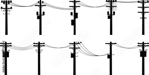 Silhouette of electric utility poles with power lines, transmission poles vector, electrical infrastructure illustration, energy cables, utility lines silhouette