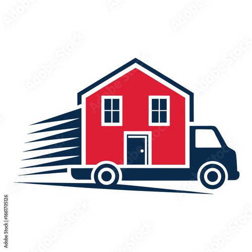 Red house on blue truck with motion blur effect home moving