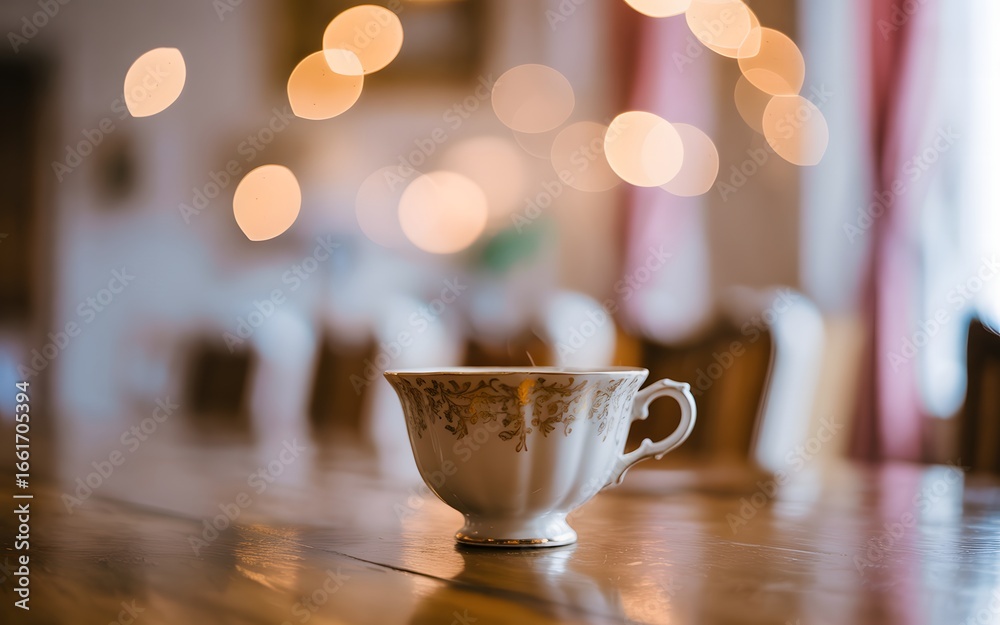 Fototapeta premium Elegant vintage teacup with soft bokeh background and warm lighting