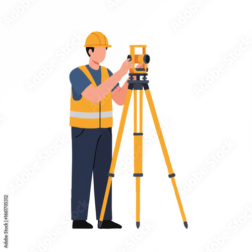 A professional male surveyor wearing a hard hat and safety vest meticulously operates a modern total station on a tripod, performing precise measurements for a construction project.