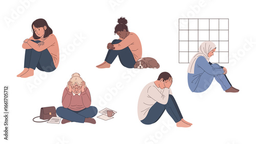 Empathy and Sadness: In a series of illustrations, diverse individuals embody a range of emotional experiences, creating a narrative that captures the human experience of vulnerability. 