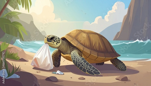 Plastic pollution in ocean environmental problem. Turtles can eat plastic bags mistaking them for jellyfish, Turtle eating plastic ocean pollution sea life underwater 