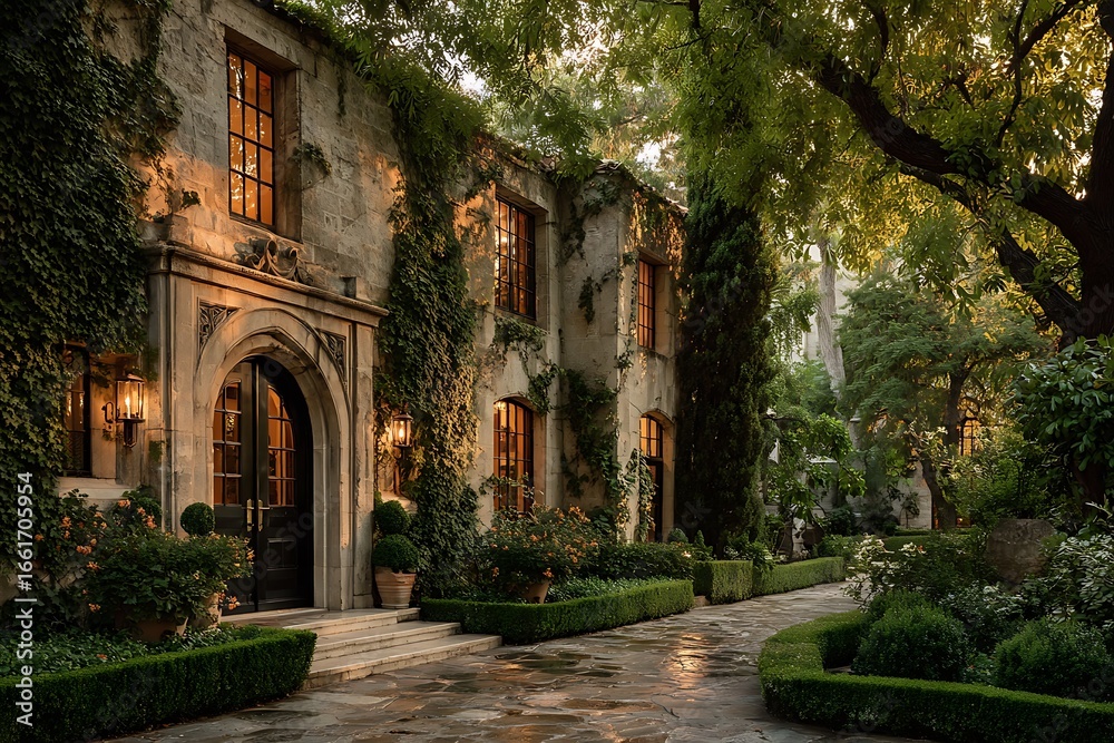 Fototapeta premium Elegant arched doorway of luxurious home framed by hedges in golden light 