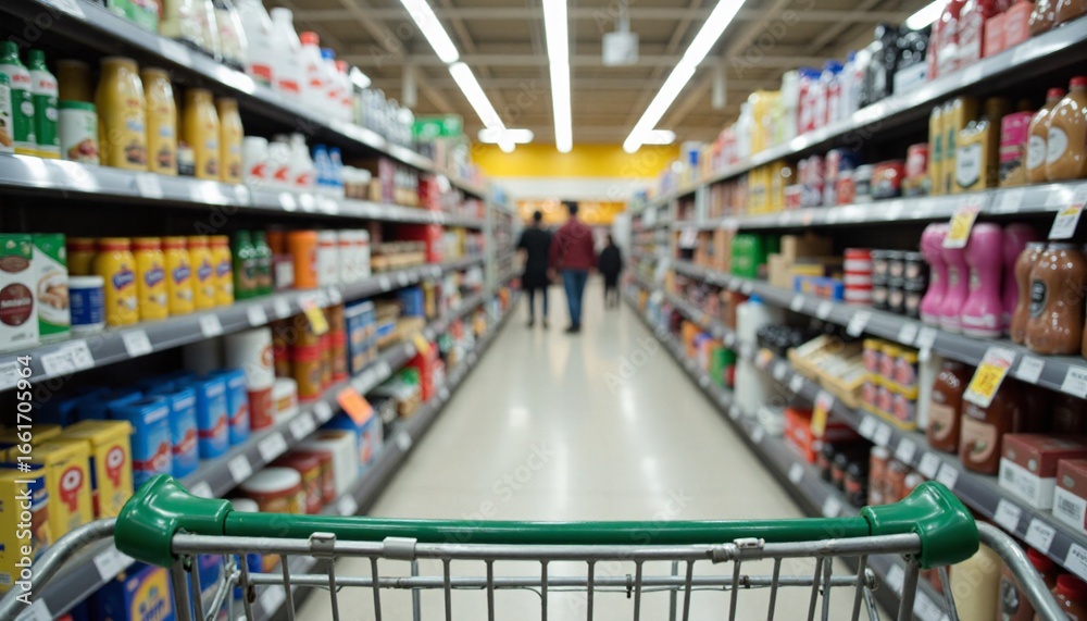 Fototapeta premium Grocery Store Aisle With Shopping Cart