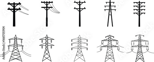 Vector set of electric utility poles and transmission towers, high voltage power line silhouettes, electricity infrastructure illustration for energy design