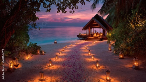 Romantic Beach Pathway with Lanterns at Sunset Leading to Tropical Cabana Overlooking Calm Ocean Waters