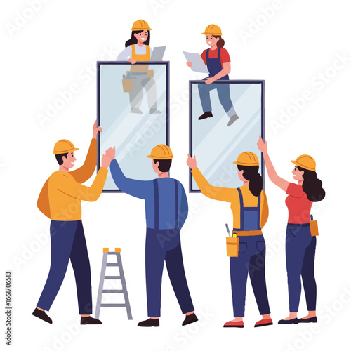 A diverse group of skilled construction professionals collaborates seamlessly to install large glass windows, showcasing effective cooperation and building expertise.