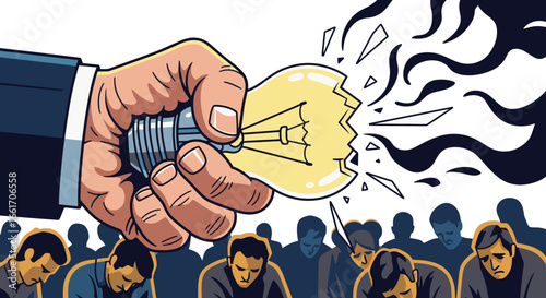 Big hand crushing the light bulb as people sadly look down, creative block and failure concept