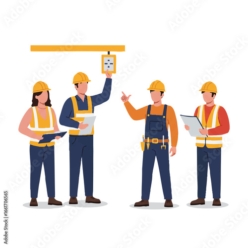 A diverse team of construction engineers and workers, wearing safety gear, collaborates on an industrial project, discussing plans and inspecting equipment on site.