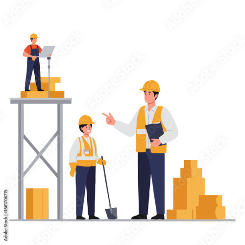 Dedicated construction professionals, including a supervisor and two laborers, collaborate on a building project, highlighting teamwork, safety, and effective site management.